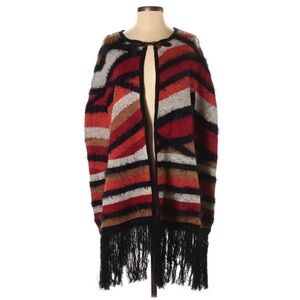 Vertigo sz S/M red, tan, black & orange striped fuzzy cape w hook front closure